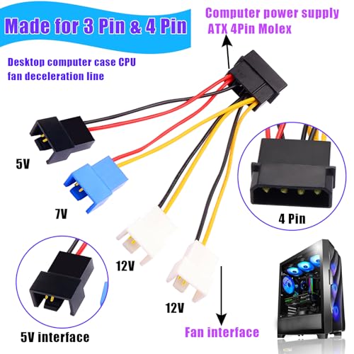 2Pcs Large 4-pin to Small 4/3-pin Fan Speed Control Cable, 1-to-4 Splitter, 3-Speed Settings (12V/7V/5V), Computer case Fan Power Splitter (22AWG, 12cm)