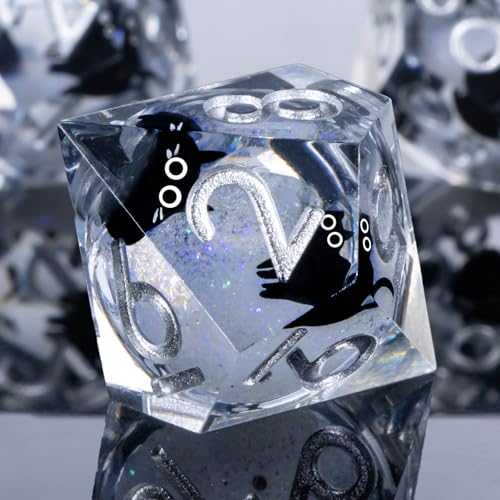 Roycevon Resin DND Dice Set with Gift Box, 7Pcs Liquid Core Cat D&D Dice, Cute Dungeons Dragons D and D Dice, Sharp Edge Role Playing Game Dice D20 D12 D10 D8 D6 D4, White - color: White