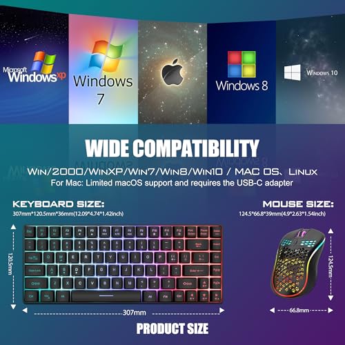 RedThunder K84 Wireless Keyboard and Mouse Combo, Rainbow Backlit Rechargeable Battery, 75% Layout TKL Ultra Compact Gaming Keyboard & Lightweight 3200 DPI Honeycomb Optical Mouse (Black) - color: Black