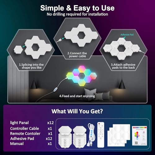 Kangtaixin Hexagon LED Lights 12 Pack - RGB Wall Panels with Music Sync, Smart App & Remote Control, DIY Modular Hex Light for Gaming Room, Bedroom, Living Room, Wall Decor - size: 12 Pack