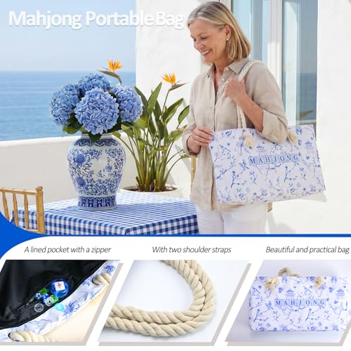 TIASUSAN American Mahjong Set(Light Blue), 166 Engraved Tiles, Bag and Mahjong Accessories, 4 Racks with Pushers, Mahjong Tile Set for Beginners - color: Light Blue