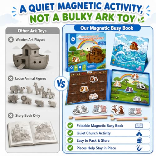 Travofun 4-in-1 Magnetic Travel Game, Travel Toys for Toddlers Ages 3-5 | 4-in-1 travel toy with magnetic fishing, animal matching, spelling, and story play in a colorful Noah's Ark picture scene. - style: Noah’s Ark Game
