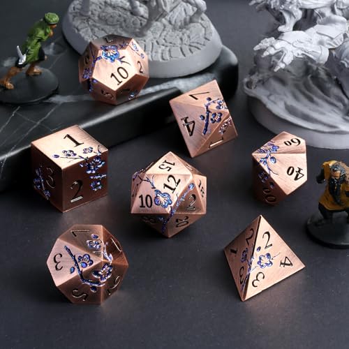 DNDND Metal Dice, 7 PCS Heavy Solid Metallic Flower DND Dice Set with Gorgeous Gift Case for D&D Dungeons and Dragon Tabletop Game (Ancient Copper) - color: Flower Copper