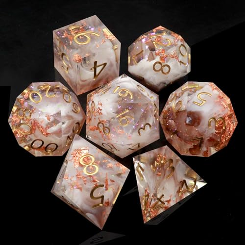 Haxtec Sharp Edge Dice Set Resin DND Dice Set Glitter Clear Polyhedral D&D Dice Compatible with Dungeons and Dragons Star Dust - color: Rosegold White