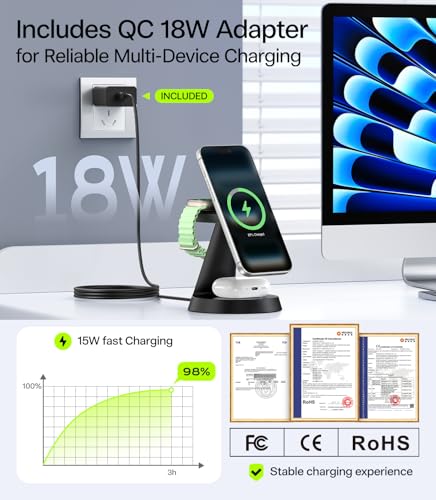 3 in 1 Charging Station for Apple Devices, 15W Fast Wireless Charger Compatible with MagSafe Charging Stand for iPhone 17 16 15 14 13 12 Series, Watch Charger Stand for Apple Watches & Airpods - size: 15W Max for Phone