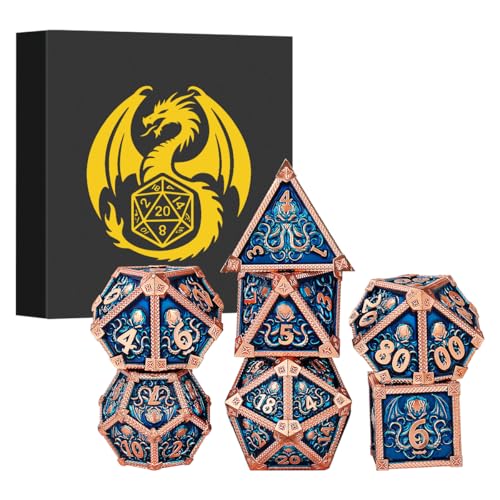Metal Dice Set, Octopus Pattern, 7pcs Polyhedral Metal DND Dice Set, DND Starter Set, D&D Gifts with Gift Box, Role Playing Board Games Accessories, Red Copper Border Blue | DND Polyhedral Dice Set, D&D Gifts, Board Game Accessories, D4, D6, D8, 2 D10 (00