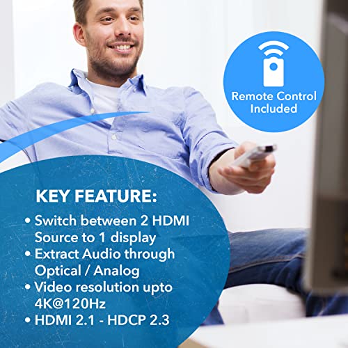 OREI 8K HDMI 2.1 2-Port Switch with Audio Extractor 48 Gbps, 8K@60Hz, EDID | hdmi switch with audio extractor, hdmi 2 in 1 out, Audio Out, HDCP 2.3, Gaming & Streaming, IR Remote, Plug & Play