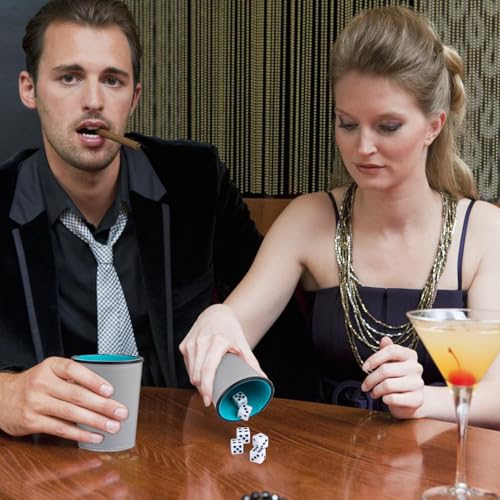 Felt-Lined PU Leather Dice Cup Set, 6 Quiet Dice Shaker Cups with 36 Dices for Bar Party Yahtzee Farkle Dice Games, Grey and Blue - color: Grey and Blue