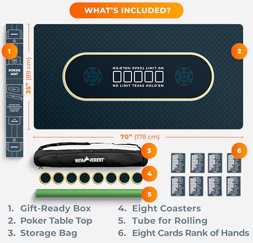 Newverest Poker Table Top 70" x 35", Texas Hold'em Poker Mat for Home Game Nights Up to 10 Players, Casino| Poker Topper Cloth for Tables in Zipper Storage Bag with 8 Coasters in Poker Gift-Ready Box - color: Black