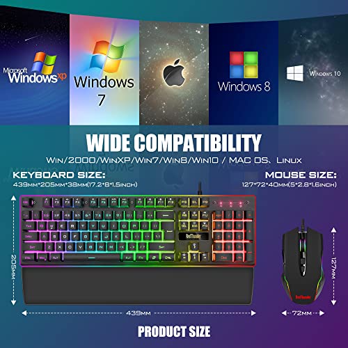 RedThunder K10 Wired Gaming Keyboard and Mouse and Wrist Rest Combo, RGB Backlit, Mechanical Feel Anti-ghosting Keyboard + 7D 7200 DPI Mice+Soft Leather Wrist Rest 3 in 1 PC Gamer Accessories(Black) - color: Black
