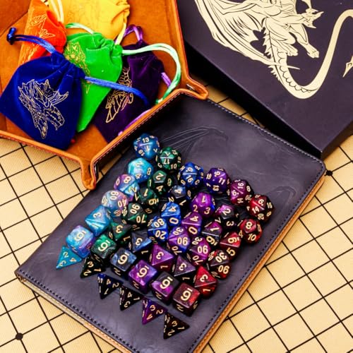 DND Dice Set 42 Pcs Polyhedral Dungeons and Dragons Rolling Dice for D&D RPG MTG Table Games Dice Bulk with Colorful Drawstring Bags and Dice Tray (Star-Tray) - color: Star-tray