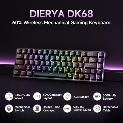 DIERYA DK68 60% Wireless Mechanical Gaming Keyboard, 3-Mode, Bluetooth 5.0/2.4G/USB-C, RGB Backlit, 68-Key Compact Mini for Windows, Mac, Linux - Clicky Blue Switch - Black - color: Black/Blue Switch, size: Wireless