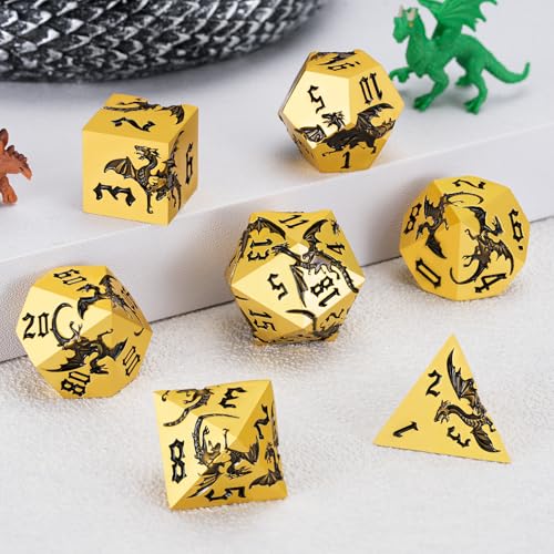 Metal DND Dragon Dice Set,D&D Polyhedral Dice with Dragon for Dungeons and Dragons RPG TTRPG D and D 7-Die Set with Gift Case Dragon-Pearl Gold Black - color: Dragon-pearl Gold Black