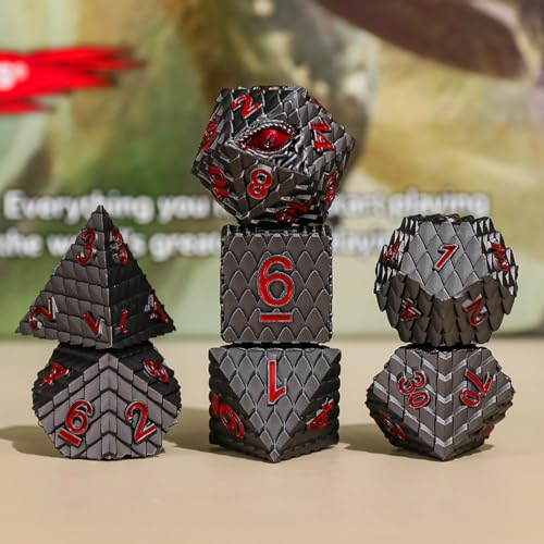 Dragon Eye Metal Dice Set - 7 Pcs Dragon Scale Metallic Dice, Gift Box for Dungeons & Dragons Tabletop Game (Black Dragon Scale & Red Eye) - color: Black Dragon Scale & Red Eye