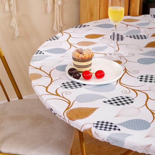 Walrus Round Vinyl Fitted Tablecloth with Flannel Backing Elastic Edge Design Table Cover Waterproof Oil-Proof PVC Table Cloth Stain-Resistant Best for 45"-56" Round - color: Branches, size: 56" (Round)