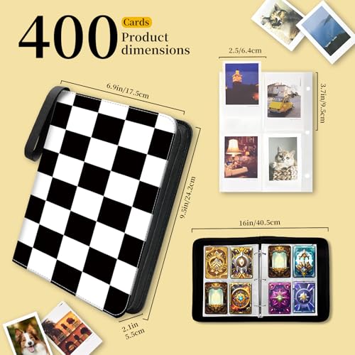 AXUASSILD 4 Pocket Card Binder, Premium Trading Card Holder Fits 400 Cards With 50 Removable Sleeves, Cute Portable Collection Card Ablum Holder Black White Checkerboard - color: Black White Checkerboard