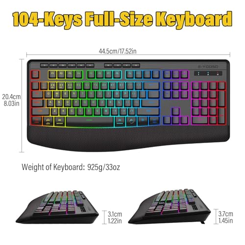 E-YOOSO Wireless Bluethooth Silent Backlit Gaming Keyboard,Tri-Mode BT5.0/2.4GHz/Wired,8 RGB Light up,Ergonomic,USB C Rechargeable,for Typing/Office/Home/PC Computer/Mac/Laptop/IPad/Xbox/PS5