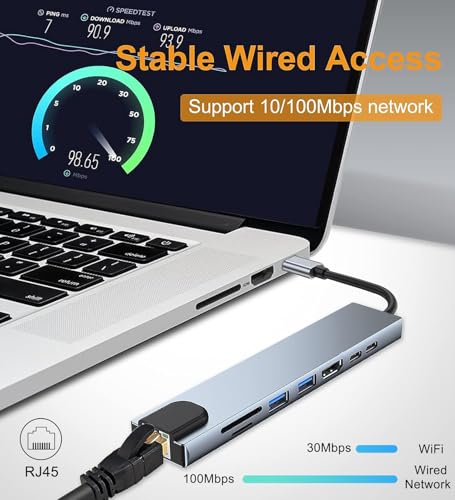 USB C Hub Ethernet HDMI Adapter, 8 in 1 Laptop Docking Station with 4K HDMI, RJ45 Ethernet 100Mbps, SD/TF Card Reader, USB 3.0/2.0, PD 100W, LAN USB C Dongle for MacBook Pro/Air, iPad Pro, XPS, etc