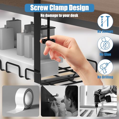 Under Desk Cable Management Tray with 52Pcs Different Essential Accessories | No Drill Steel Cord Organizer Kit for Home Office Standing Desk (15.7/13.4inch, Black)