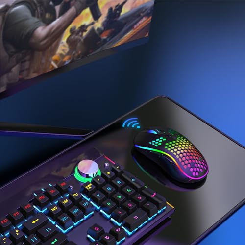 Wireless Gaming Mouse, Rechargeable Computer Mouse Ergonomic Mice Honeycomb Design with RGB Backlight, USB Receiver, 7 Buttons, Adjustable DPI, Wireless Mouse for PC/Mac/Laptop