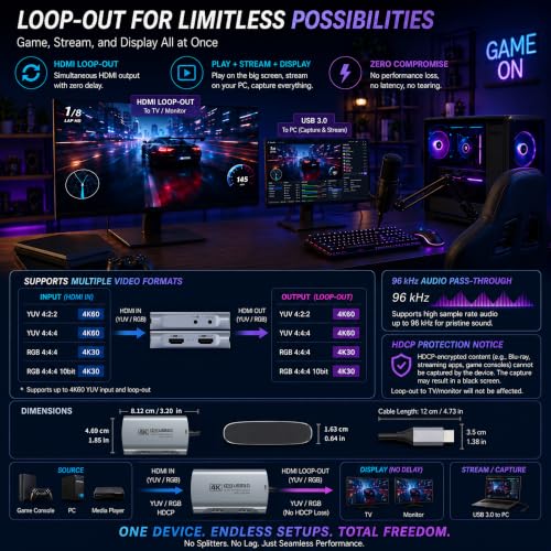 Guermok 4K@60FPS Capture Card for Streaming, 2K@120FPS USB 3.0 HDMI to USBC Camera Video Capture, 4K60 Passthrough, 3.5mm Audio in & Mic Out, Works with Switch 2/1, PS5/4, Xbox, Pad, Mac, PC