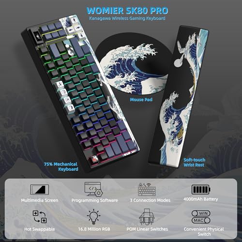 Womier 75% Wireless Mechanical Keyboard with Color Multimedia Screen | Anime Gaming Creamy Keyboard,3-Modes Hot Swap Kanagawa Theme Keyboard w/Wrist Rest,Gasket RGB Custom for Mac/Win,SK80 PRO - color: Anime Black