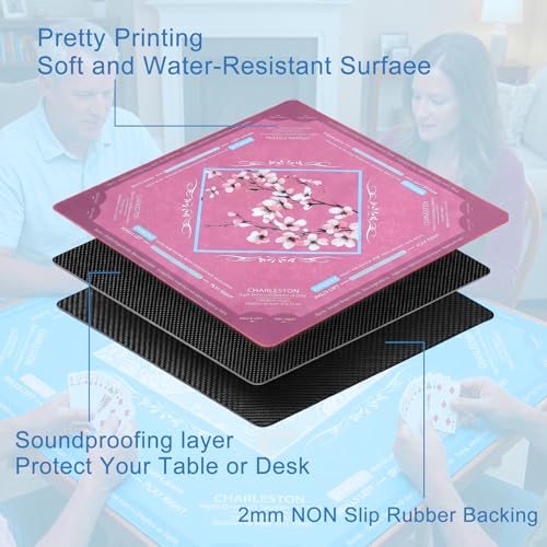 Rollup Shipped American Mahjong Mat with Rules No Crease | 32.6x32.6 inch with Velvet Bag Non Slip Noise Reduction Mahjong Mats with Rules Pink Plum Blossom Design - color: Pink Plum Blossom