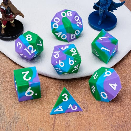 DND Sharp Edges Dice, D&D Silicone Rubber Polyhedral Dice Set 7pcs (D4, D6, D8, D10, D12, D20, D%) for Dungeons and Dragons, RPG, MTG for Ages 15 and Up - color: Purple Blue Green
