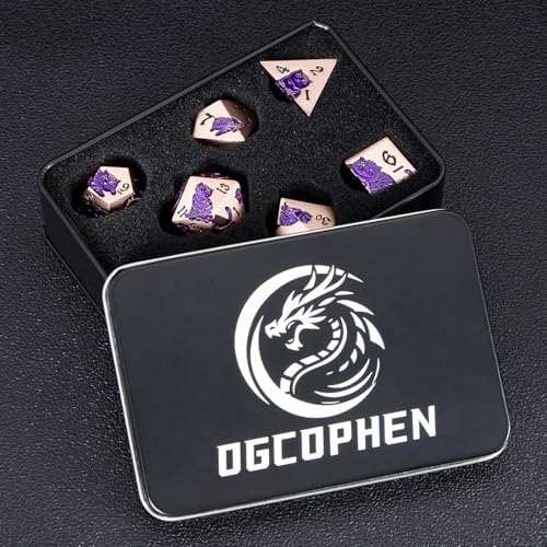 Metal DND Cat Dice 7PCS Polyhedral RPG Dice Set with Gift Case for Dungeons Dragons Role Playing Game, D and D Dice D6 D8 D10 D12 D20 D% (Copper Purple) - color: Cat-copper Purple