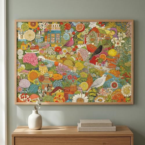 1000 Piece Puzzle for Adults, Colorful Botanical Fantasy Garden with Birds & Houses, Premium Matte Finish, Thick Blue Cardboard, Fun and Challenging Jigsaw Puzzles for Nature Lovers - color: Garden of Whimsy