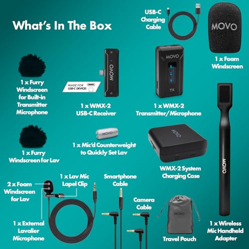 Movo WMX-2 Wireless Lavalier Microphone Lapel Mic with Charging Case and WMX-HM Handheld Adapter - Lav Mic, Lapel Microphone 2.4GHz for Camera, Vlogging, DSLR, and Content Creators (USB-C Single) - style: USB-C Single