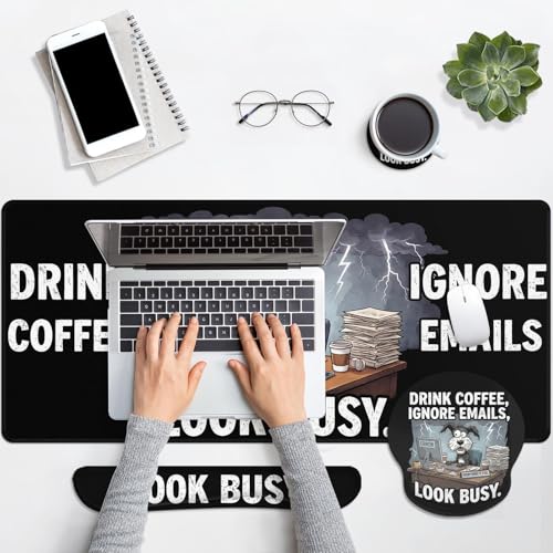 Britimes Funny Coffee Dog Keyboard Mouse Pad Set Retro Black 4in1 Large Mousepad+Keyboard Wrist Rest+Mouse Wrist Rest+Coaster Ergonomic Design for Home Office Computer 35.4x15.7 inches - color: Funny Coffee Dog