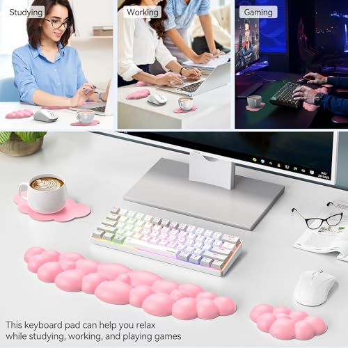 TECKNET Cloud Keyboard Wrist Rest Set, Cloud Wrist Rest with Non-Slip Base, PU Leather Wrist Pad for Keyboard with Ergonomic Memory Foam for Computer Laptop Office Gaming and Pain Relief, Dark Pink - color: Dark Pink