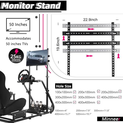 Minneer Racing Simulator Cockpit with Black Seat and Monitor Stand Fit for Logitech G29 G920, for Thrustmaster T248 T300, for Fanatec Reinforced Expandable. Wheel, Pedal, Handbrake Not Included