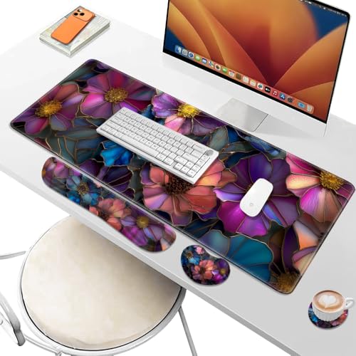 Desk Pad and Keyboard Wrist Rest, Large Mouse Pad + Keyboard Pad+Mouse Wrist Support, Non-Slip Desk Mat Protector for Office, Home 31.5×11.8 Inches Glass Flower - color: Glass Flower