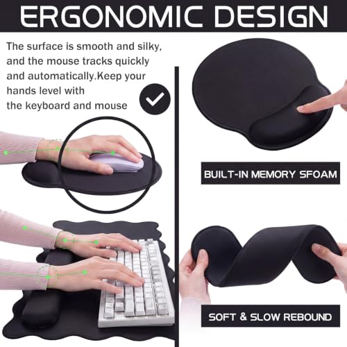 Sabary Scalloped Desk Mat Keyboard Mouse Pad Set 31.5 x 15.7 Inch Black Cute Aesthetic Preppy Table Mat Keyboard Wrist Rest Mouse Pad with Wrist Rest Coaster Ergonomic Non-Slip Waterproof Gaming Desk - color: Black, size: 31.5 x 15.7 Inch
