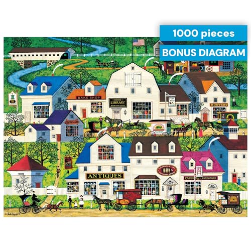 Buffalo Games - 1000 Piece Jigsaw Puzzle Charles Wysocki Shops and Buggies, Made in USA, Premium Recycled Board, Reference Diagram, Giftable - color: Shops and Buggies