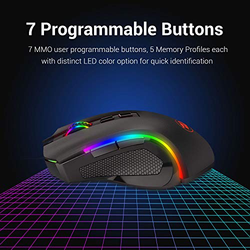 Redragon M602 Griffin RGB Gaming Mouse, Tri-Mode 2.4G/USB-C/Bluetooth Mouse Gaming, RGB Spectrum Backlit Ergonomic Mouse with 7 Programmable Backlight Modes up to 8000 DPI for Win PC Gamers (Wireless) - color: Black