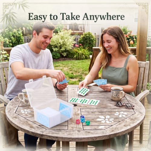 Capoda 180 Tiles Mahjong Playing Cards with Storage Box Acrylic Dice Blue Pink Floral Numbered Large Print Poker Mahjong Tiles for Adults Portable Travel Gathering Game Enthusiasts Supplies Gift