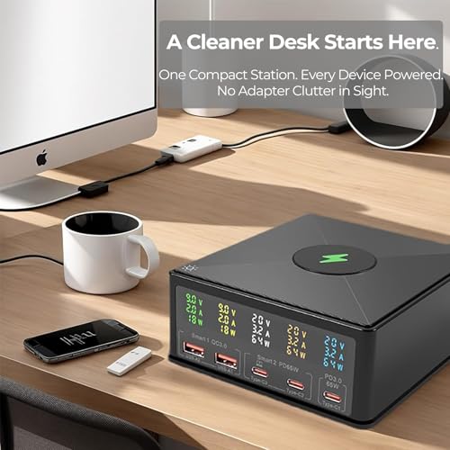 160W Desktop Charger Station with Wireless Charging Pad & Per-Port Display | Powers Multiple Devices at Once: PD 3.0 65W USB-C for MacBook, QC 3.0 for Phones, 15W Qi for iPhone, Pixel, Samsung, iPad