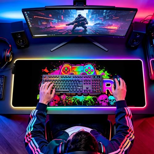 RGB Retro Black Gamer Gaming Desk Mat, Computer Keyboard Large Extended Long LED Mouse Pad for Office and Home, XL (W21) - color: Rgb-w21