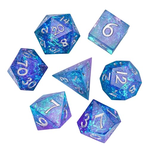 7PCS DND Dice Set,Handmade Sharp Edge Dice Set D&D RPG Polyhedral Die,for Dungeons and Dragons TTRPG Games Roleplaying Games Pathfinder,with Gift Box(Purple and Blue) - color: Purple and Blue