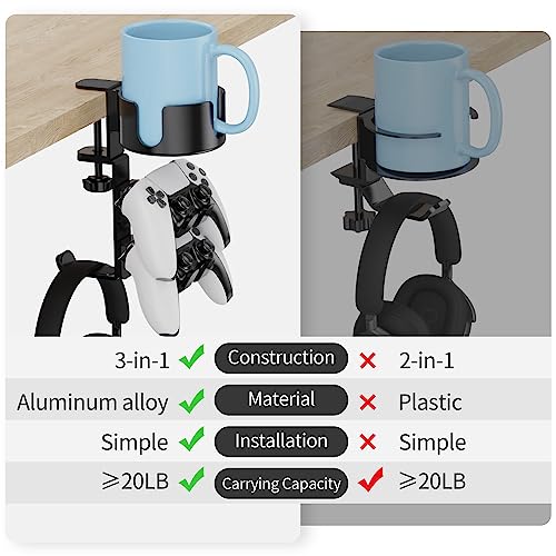 360° Rotating Desk Cup Holder with Headset Hanger | Controller Headphone Holder with Adjustable Headset Hanger Stand, Gaming Pc Accessories