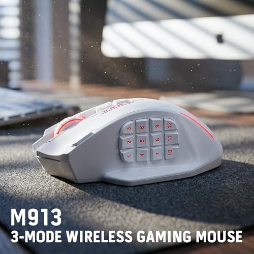 Redragon M913 MAX Wireless MMO Gaming Mouse 26000 DPI Remapping Keys | Cable-Free 0 Delay, Dedicated for FPS Gamers, Redefine Keybinding Macro, Vibing Backlight, Ergonomic Grip Body Comfort - color: White, style: Wireless M913 Max