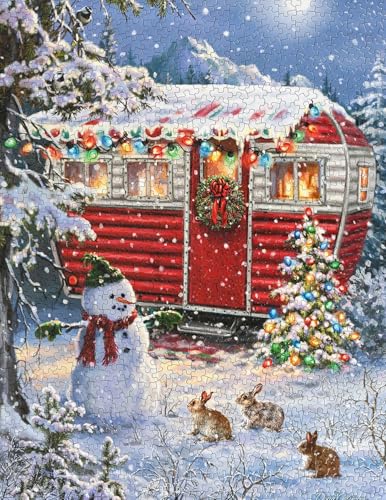 Springbok's Snowy Retreat 1000 Piece Jigsaw Puzzle is a Fun Holiday Image Featuring a Camper Glowing in Holiday Decor - style: Snowy Retreat