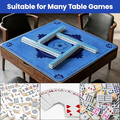 Mahjong Mat with Rules, 32.2 Inch Square Mahjong Mats for Table, Noise Reduction Mah Jong Mat, Rubber Anti-Slip Base for Board Games, Tiles Game & Dominoes Blue - color: Blue