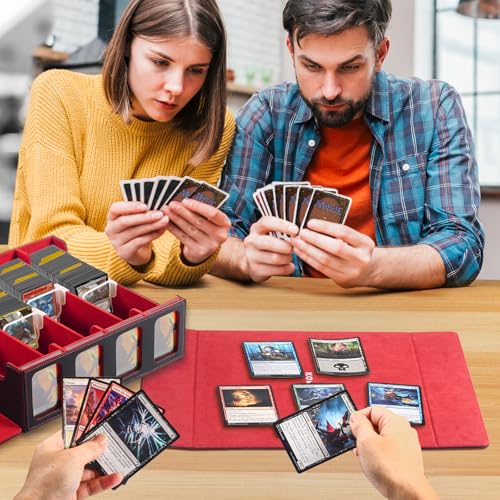 Ultra-Capacity 4-Row Trading MTG Card Storage Box with Display, Holds 3000+ Cards with Dividers & Card Holders, PU Leather Commander Deck Box for MTG, YuGiOh, TCG Deck Box, Sport Cards (Black / Red) - color: Black / Red