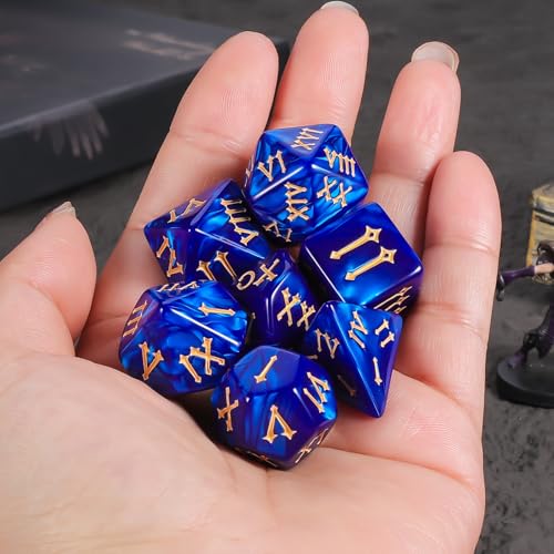 CiaraQ 7pcs Polyhedral Dice Set for Dungeon and Dragons MTG Table Games | Acrylic Role Playing Dice for D&D with Black Velvet Bag β Blue Pearl with Gold Roman Numerals - color: Blue Dice - Roman Font