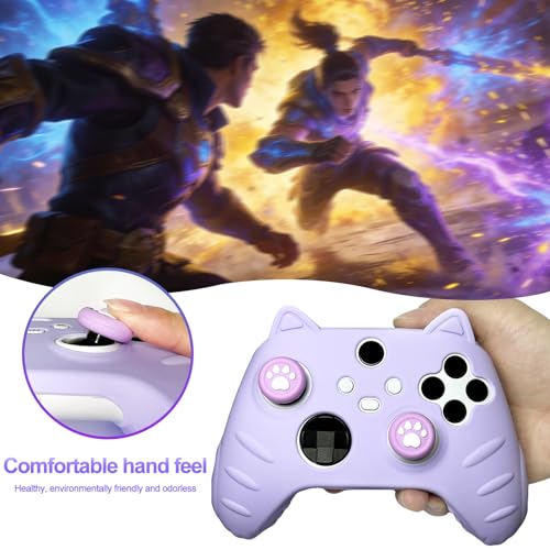 Purple Cute Cat Anti-Slip Protective Silicone Cover Skin Grips Compatible with Xbox Series X/S Controller with Stickers and 2 Thumb Paw Grip Caps Cat Paw Caps – Shockproof Dustproof