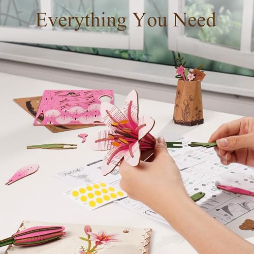 Rowood Wooden Flower Kit,DIY Artifical Flower Building Set Craft Kit for Adults,Mother's Day/Valentine's Day for Mom/Women/Grandma-Pink Lily - style: Pink Lily